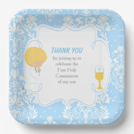 Erstkommunion Blonde Boy Blue Damask Pappteller