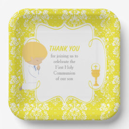 Erstkommunion Blonde Boy Yellow Damask Pappteller