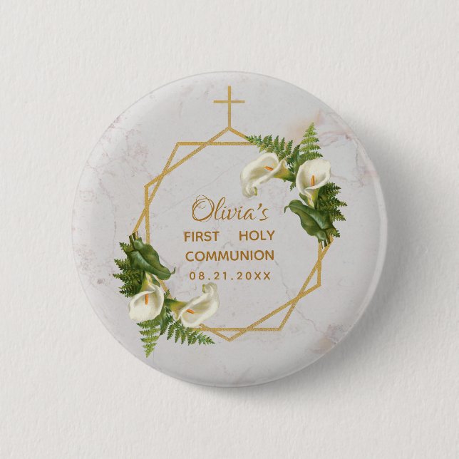 Erstkommunion Blumen Gold Marmor Calla-Lilien Button (Vorderseite)