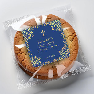Erstkommunion Boy Royalblaue Faux-Gold-Blätter Quadratischer Aufkleber