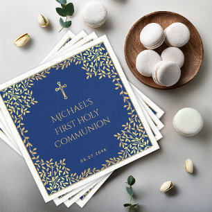 Erstkommunion Boy Royalblaue Faux-Gold-Blätter Serviette
