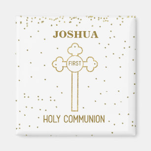 Erstkommunion Custom Name Gold Look Kreuz Magnet