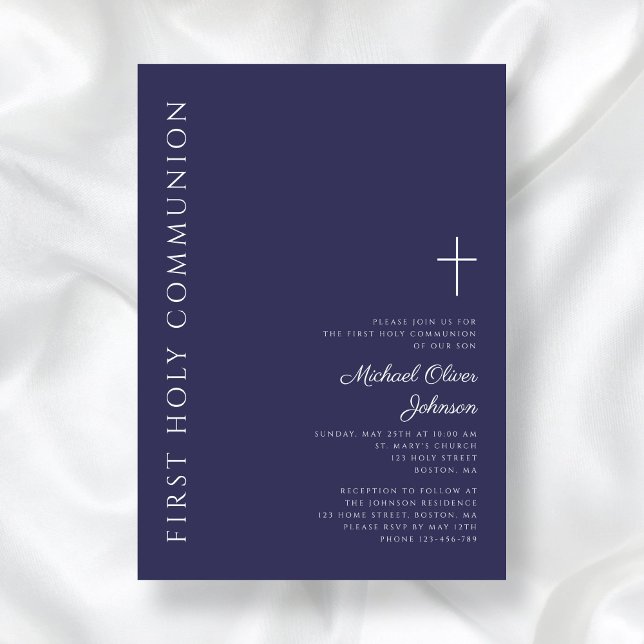 Erstkommunion der modernen Marine Blue Cross Einladung (Modern Navy Blue Cross First Communion Invitation)