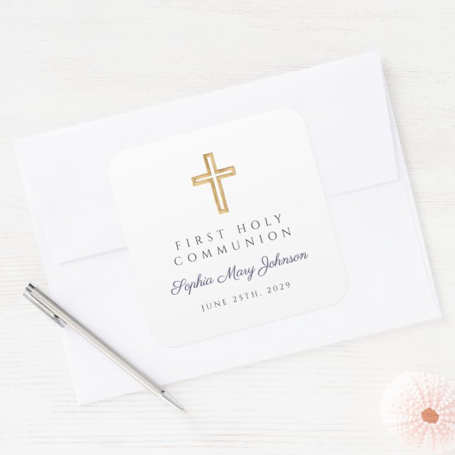 Erstkommunion der modernen Marine Blue Cross Quadratischer Aufkleber (Umschlag)