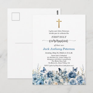 Erstkommunion-Einladung für Jungen mit goldenem Kr Postkarte