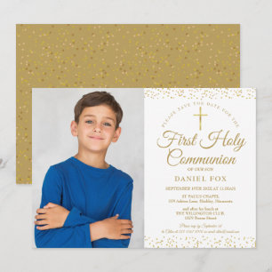 Erstkommunion Elegantes Goldstaub-Foto Save The Date