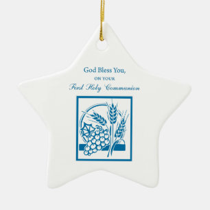 Erstkommunion Enkel Blau, Weizen, Trauben Keramik Ornament