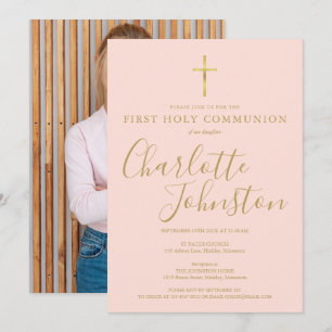 Erstkommunion-Foto in Rosa und Gold mit Schriftzug Einladung