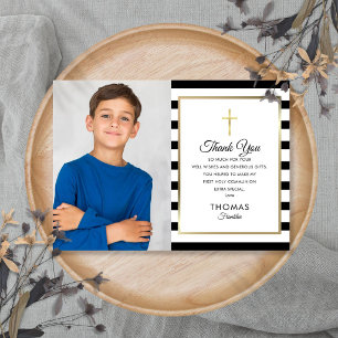 Erstkommunion-Foto mit goldenem Kreuz und Streifen Dankeskarte