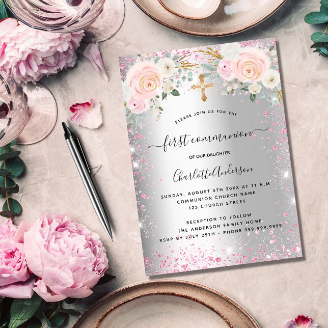 Erstkommunion Girl silber-rosa Blumensträuße Glitz Einladung (Von Creator hochgeladen)