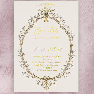 Erstkommunion Goldfolientext beige Rahmen Folieneinladung