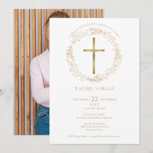 Erstkommunion Goldkreuz Blumenfoto Einladung