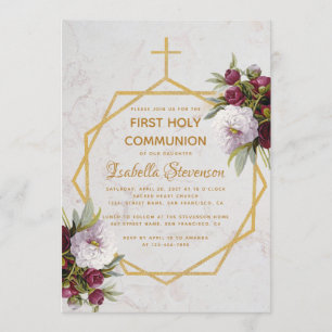 Erstkommunion Goldkreuz Burgunder Pfingstrosen Mar Einladung