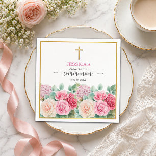 Erstkommunion Goldkreuz Rosen Floral für Mädchen Serviette