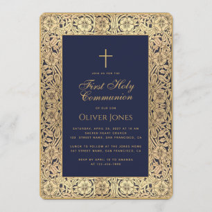 Erstkommunion Junge Blau Gold Blumenrahmen Elegant Einladung