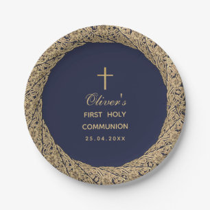Erstkommunion Junge Marineblau Goldene Rosen Vinta Pappteller