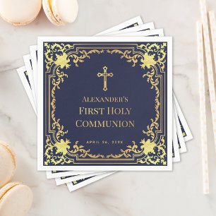 Erstkommunion Junge Navy Blau Falsches Goldkreuz Serviette