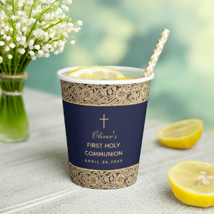 Erstkommunion Junge Navy Blau Goldene Rosen Vintag Pappbecher