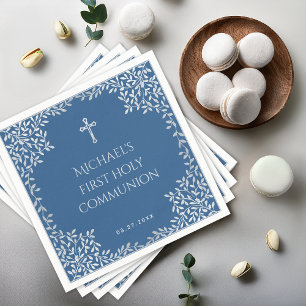 Erstkommunion Jungen Klassisch Blau Silber Blätter Serviette