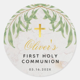 Erstkommunion Laubmarmor Fauxgoldkreuz Runder Aufkleber