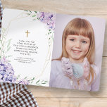 Erstkommunion | Lilac Floral Geometrisches Foto Dankeskarte<br><div class="desc">Dieses Design besteht aus Hydrangeas,  die herzliche Dankbarkeit symbolisieren. Die lila Blumen sind zusammen mit den Imitaten goldenen geometrischen Rahmen angeordnet. Fügen Sie ein Foto hinzu. Abrufbar unter: http://www.zazzle.com/store/selectpartysupplies</div>