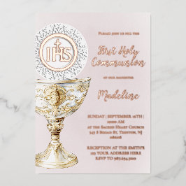 Erstkommunion Mädchen Kelch Hostie Folieneinladung