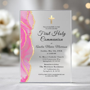 Erstkommunion Mädchen Pink Gold Achat Acryleinladungen