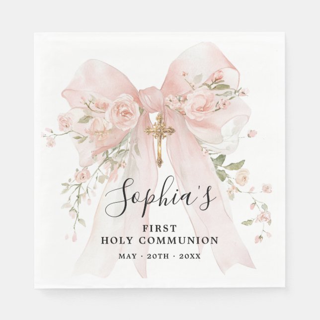 Erstkommunion Mädchen Rosa Schleife Rosen Custom Serviette (Vorderseite)