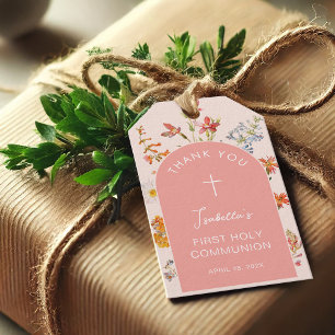 Erstkommunion Mädchen Wildblumen Rosa Bogen Blumen Geschenkanhänger