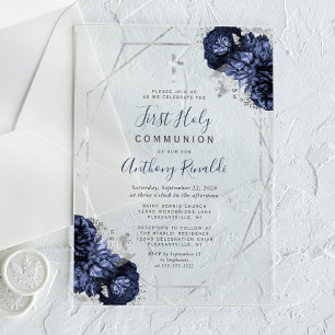 Erstkommunion Navyblau Floral Silberrahmen Acryleinladungen
