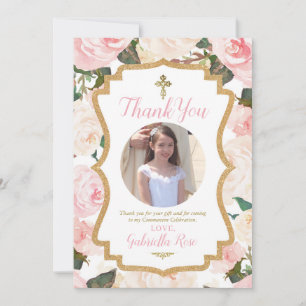 Erstkommunion oder Taufe Florales Rosa  Dankeskarte