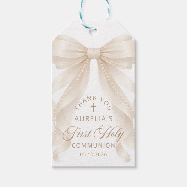 Erstkommunion Perlen Schleife Geschenkanhänger (Vorderseite)