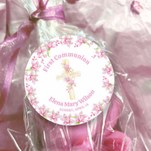 Erstkommunion rosa Orchidee Aquarell Runder Aufkleber