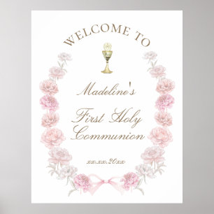 Erstkommunion rosa Pfingstrosen Willkommen Poster