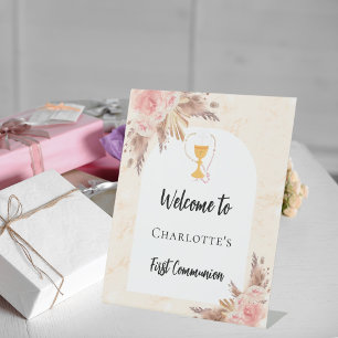 Erstkommunion Rosen gold Pfirsich Bogen Willkommen Sockelschild