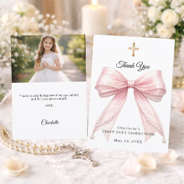 Erstkommunion Schleife rosa Perlen Foto Mädchen Dankeskarte