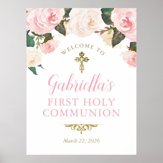 Erstkommunion & Taufe, Rosa Blumen Gold Poster (Vorne)