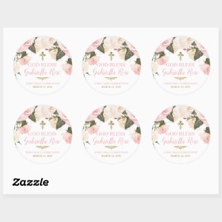 Erstkommunion & Taufe, Rosa Blumen Gold Runder Aufkleber