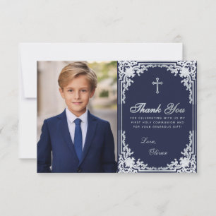 Erstkommunion Vintage Marineblauer Jungen-Foto-Kre Dankeskarte