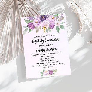 Erstkommunion violette Blumen Kreuz Luxus Einladung