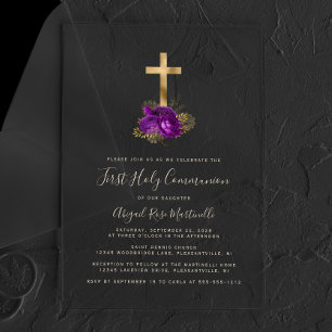 Erstkommunion von Gold Cross Lila Floral Gold Text Acryleinladungen