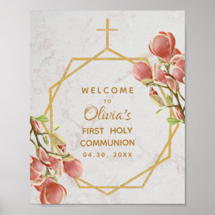 Erstkommunion Willkommen Rosa Magnolie Gold Blumen Poster