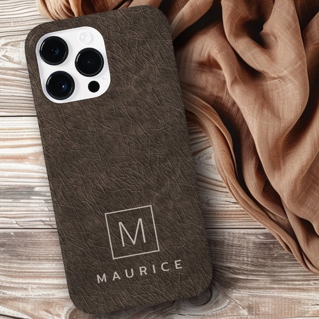 Erstmaliger individuelle Name aus braunem Leder Case-Mate iPhone Hülle (Brown leather print monogram initial custom name Case-Mate iPhone case)