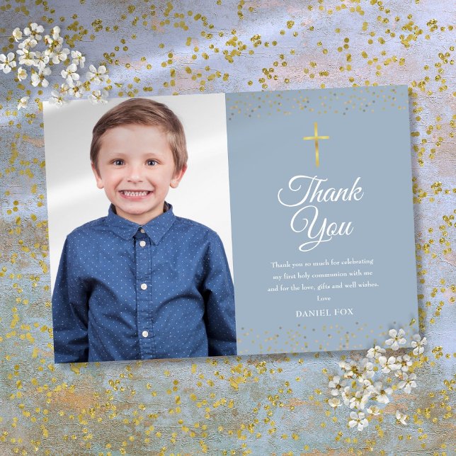 Erstmaliges Dusty Blue Gold Dust Foto Dankeskarte (First Holy Communion Dusty Blue Gold Dust Photo Thank You Card)