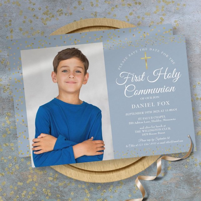 Erstmaliges Dusty Blue Gold Dust Foto Save The Date (First Holy Communion Dusty Blue Gold Dust Photo Save The Date)