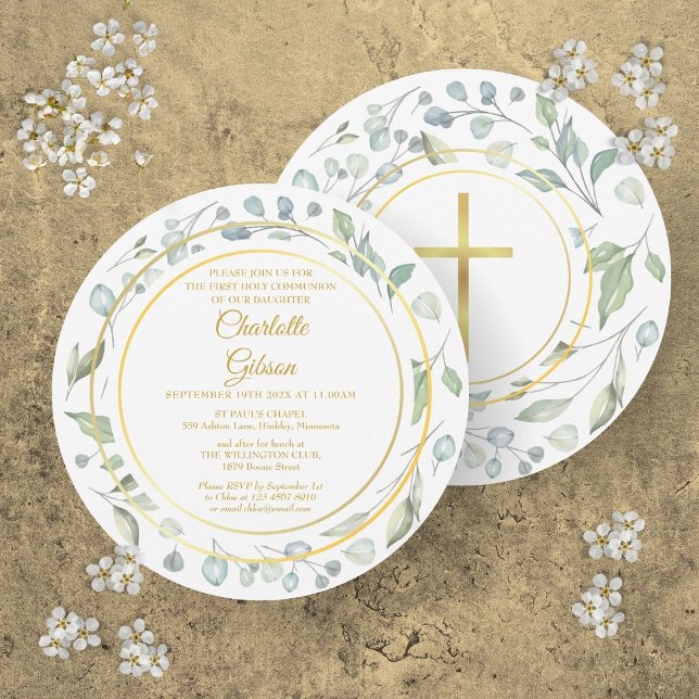 Erstmaliges Goldene Zirkus der Heiligen Kommunion  Einladung (First Holy Communion Laurel Garland Gold Circular Invitation)