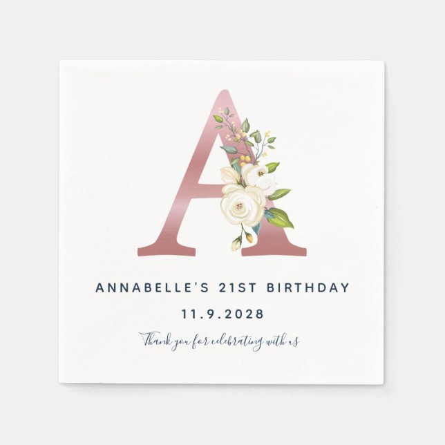 Erstmaliges Monogramm 21. Geburtstag Rose Gold Serviette (Vorderseite)