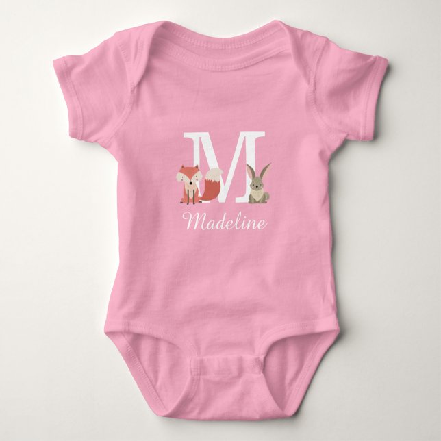 Erstmaliges Monogramm für Woodlandtiere Baby Strampler (Vorderseite)