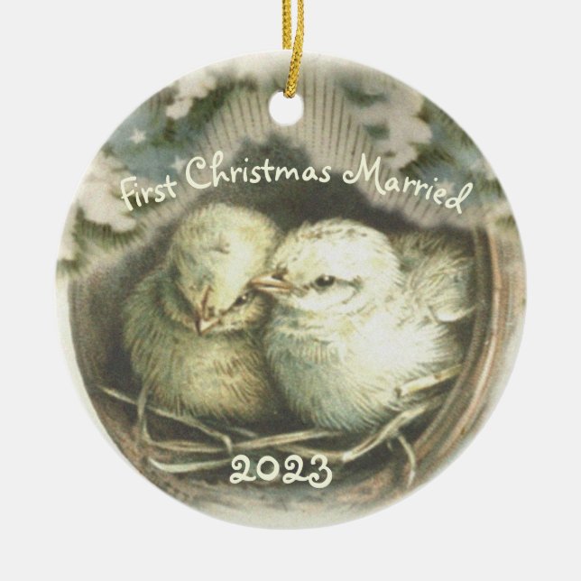 Erstweihnachtliche Verheiratete Liebe Vögel Orname Keramik Ornament (Vorne)