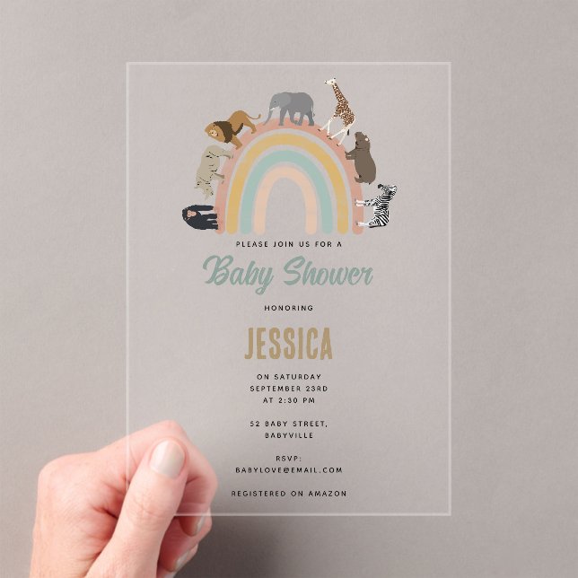 Erthy Colors Rainbow Jungle Animals Baby Shower Acryleinladungen (Insitu (Handheld))